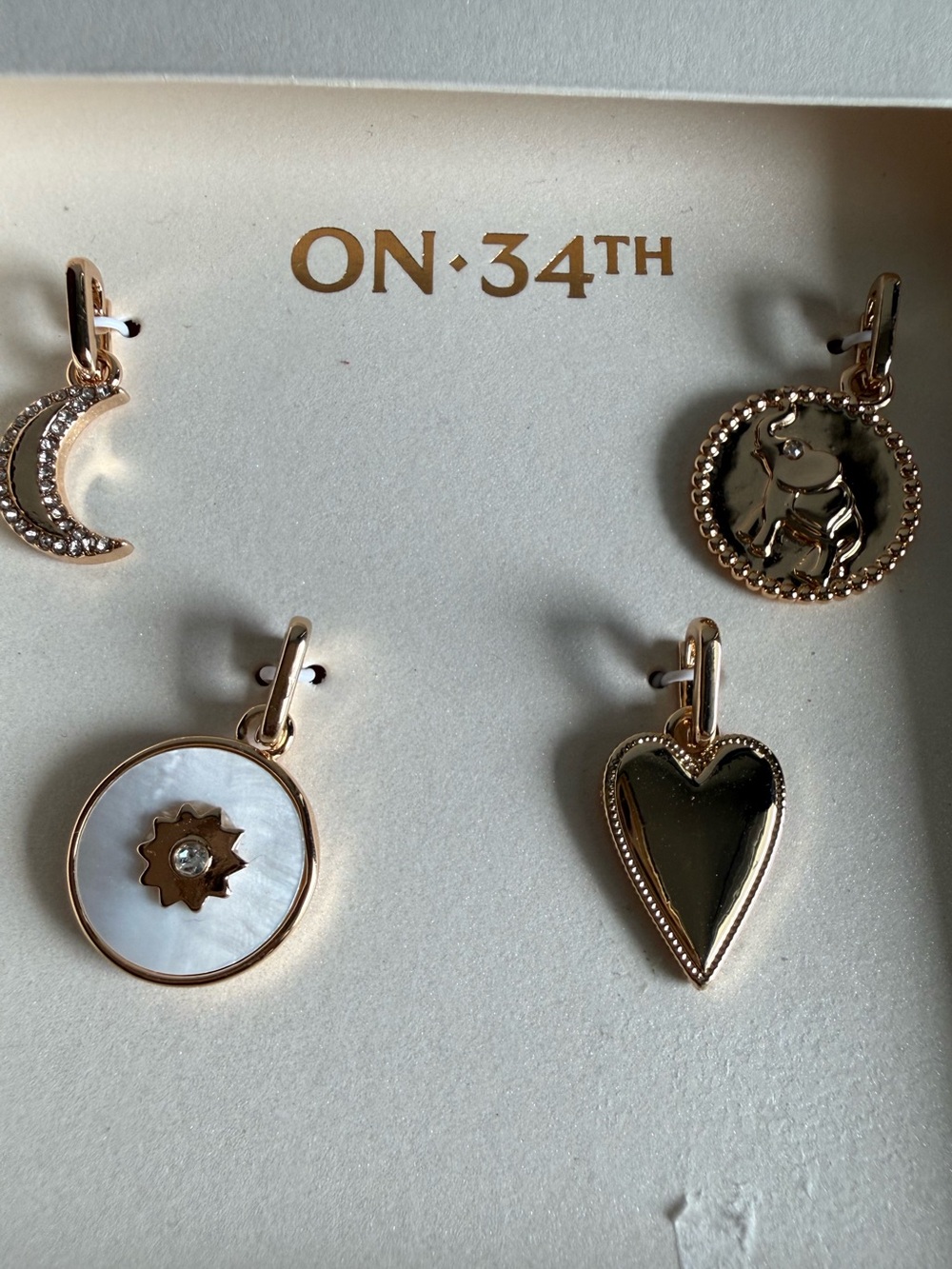 ON·34TH Rose Gold Charm Earring Set – Moon, Coin, Heart, Mother-of-Pearl